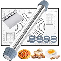 Gifort Rodillo de Amasar- Juego de Rodillo Cocina de Acero Inoxidable Antiadherente con Anillos Ajustables y Alfombrilla…